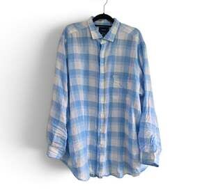 Faconnable Deauville Men's Linen Shirt 2XLT Blue White Plaid Long Sleeve